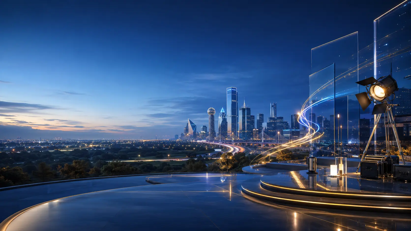 Cinematic Dallas growth world representing connected client transformation and production