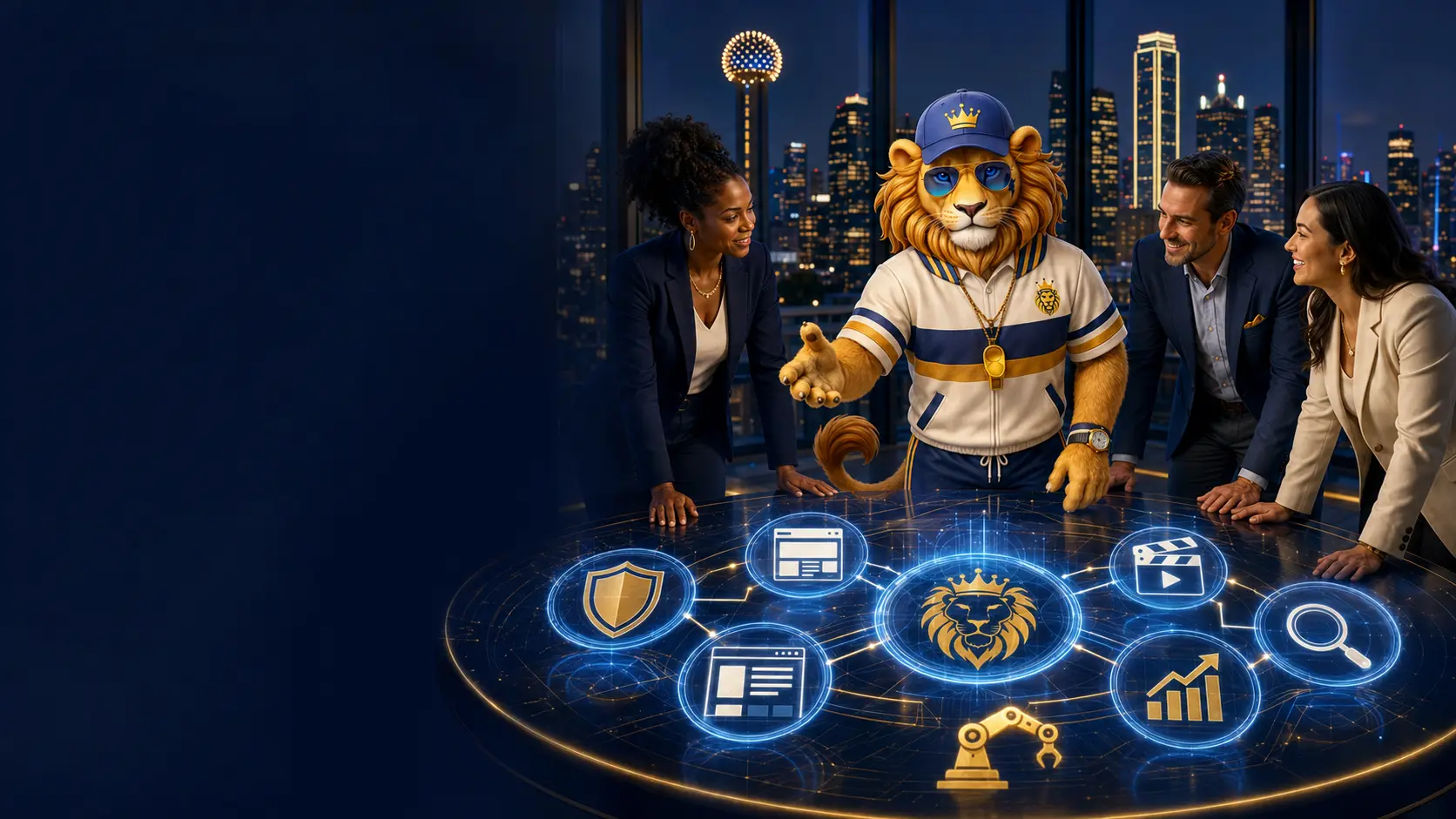 Lion Crown AI growth ecosystem with website, creative, search, automation, and analytics