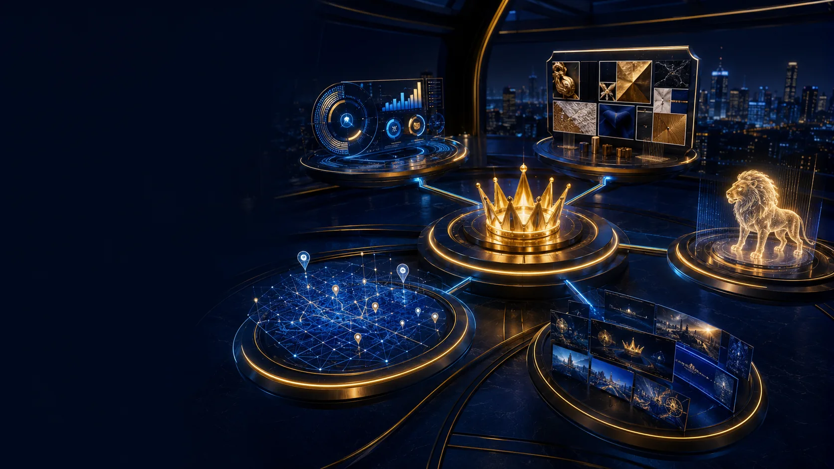 Cinematic Lion Crown AI command center connecting growth, brand, local authority, campaign, and mascot tools
