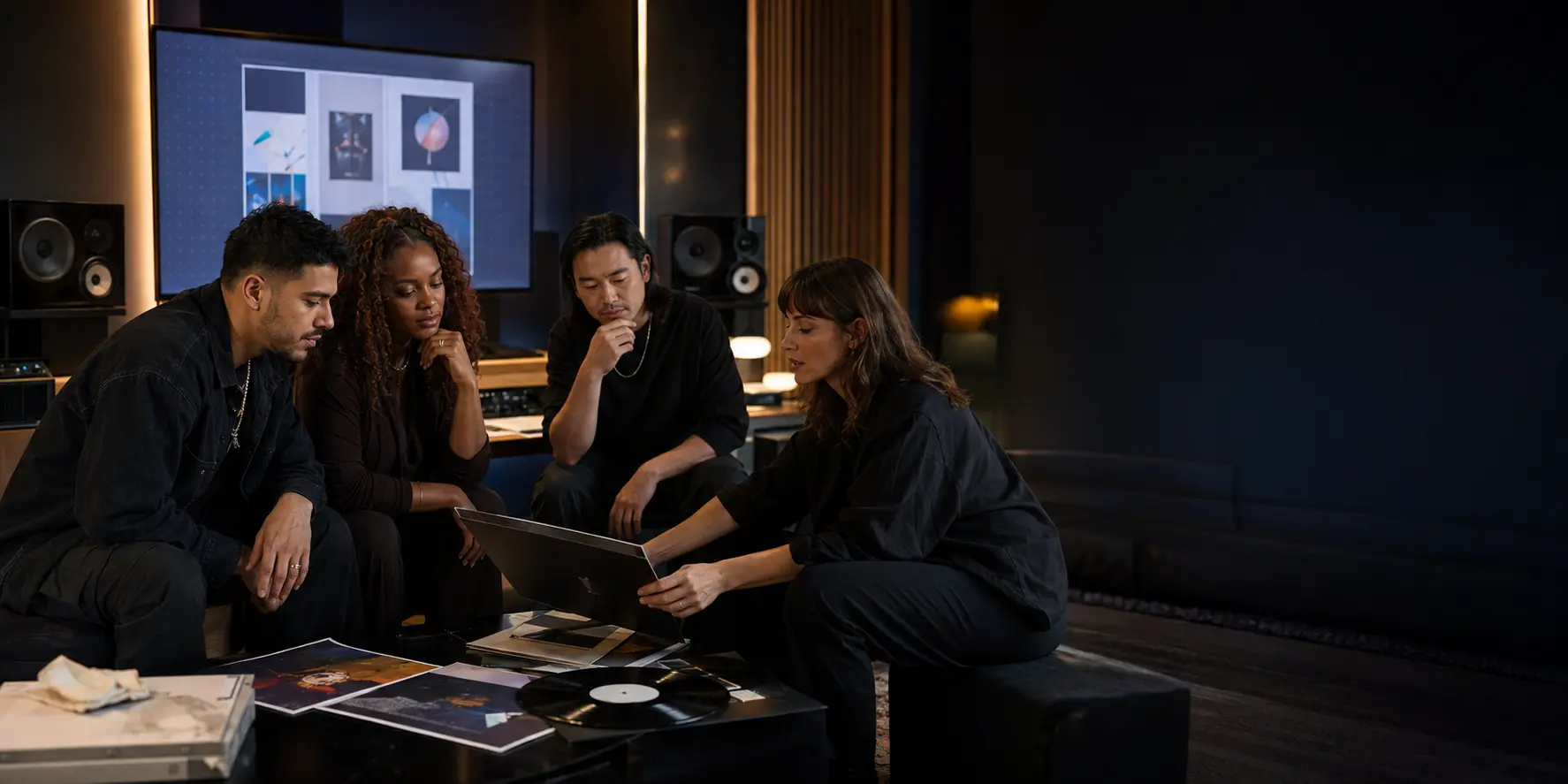 Diverse recording artist and independent label team reviewing a music release campaign