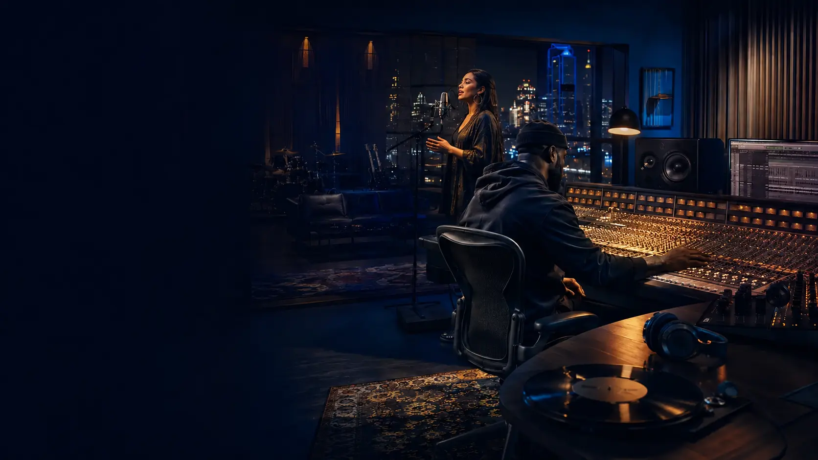 Mexican recording artist performing while a Black music producer works at the mixing console