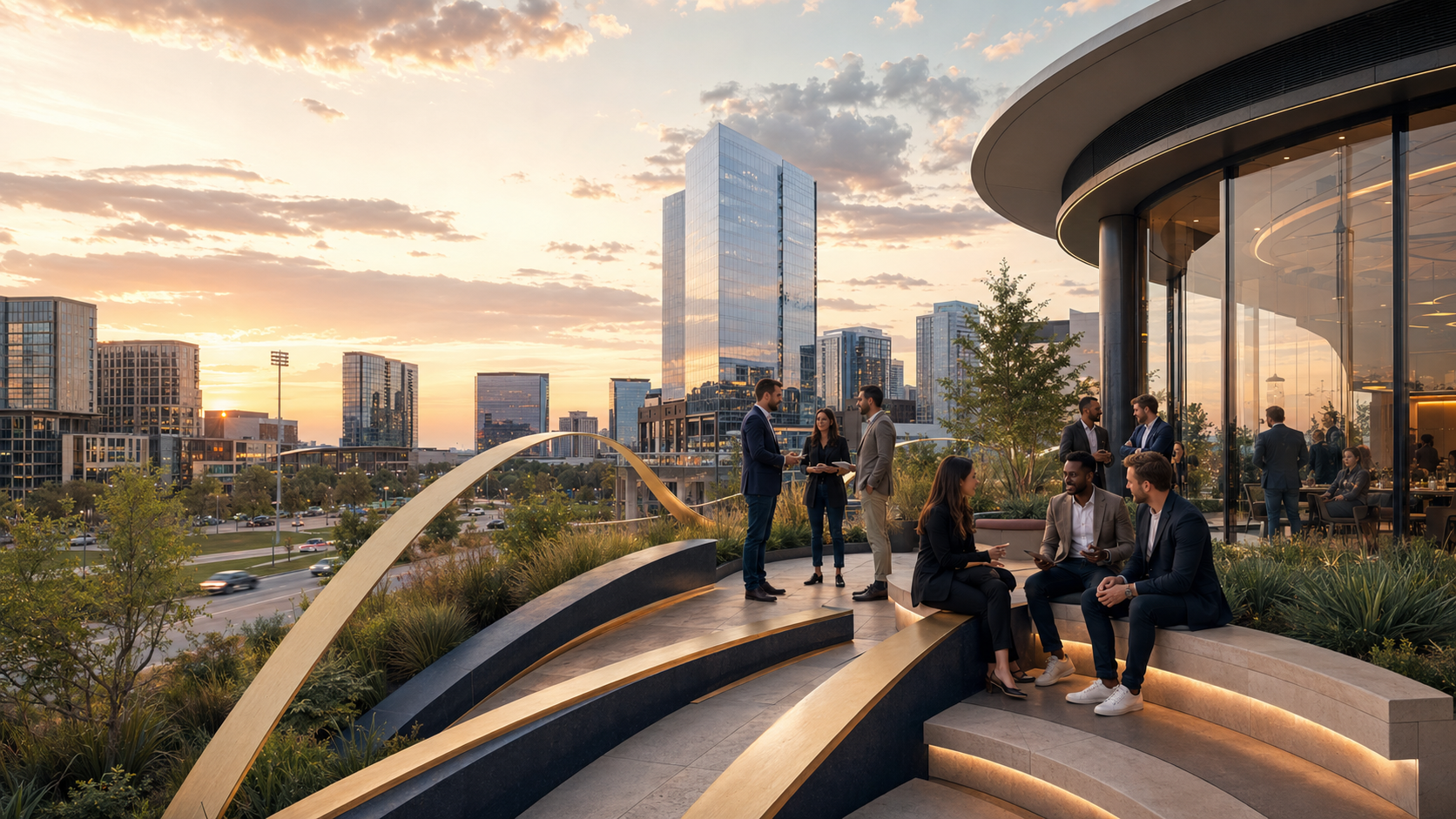 Cinematic Frisco, Texas business growth scene with real people, Lion Crown brand materials, and dimensional digital strategy