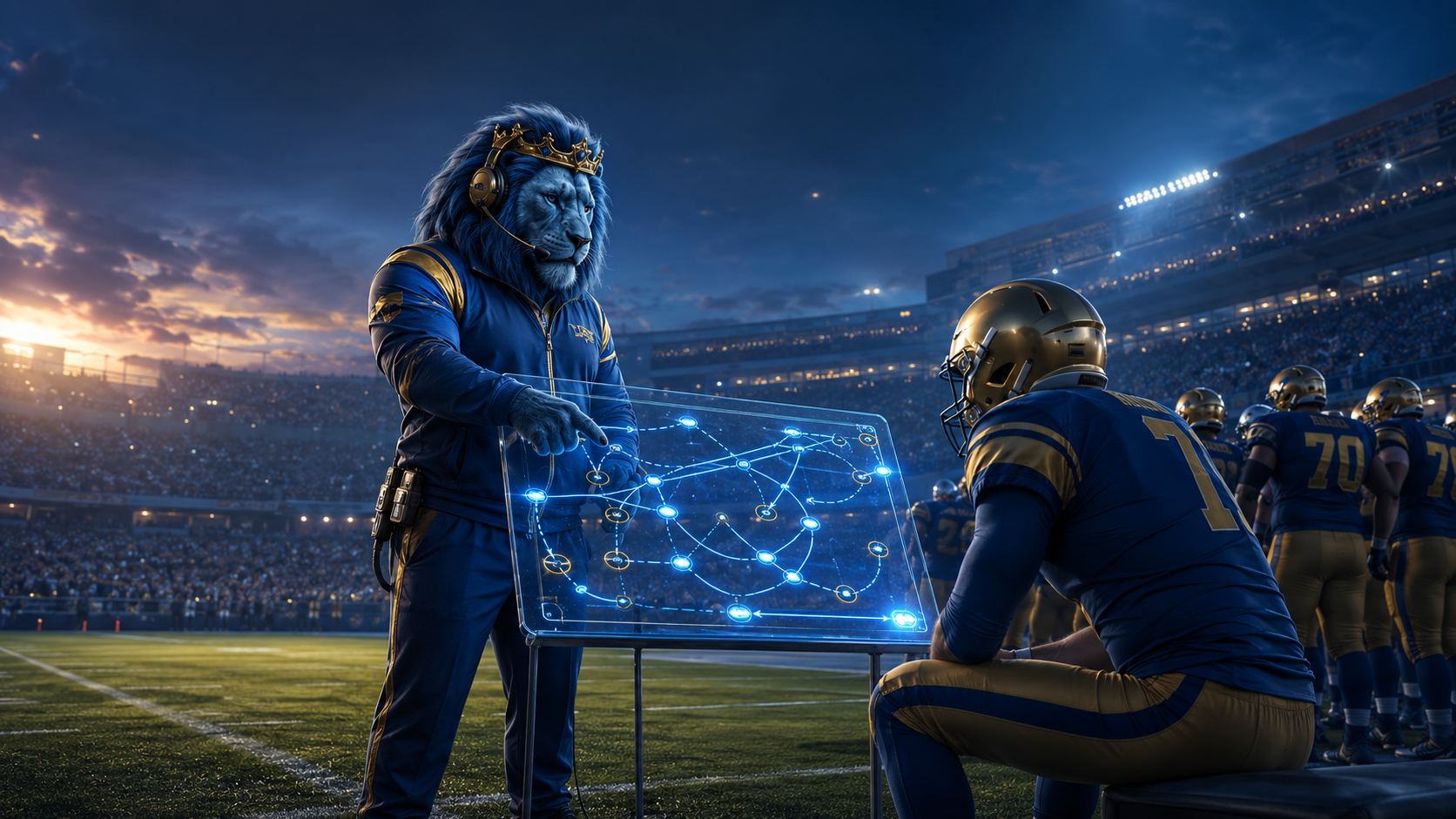 Cinematic football SEO strategy scene with coach, quarterback, and tactical routes