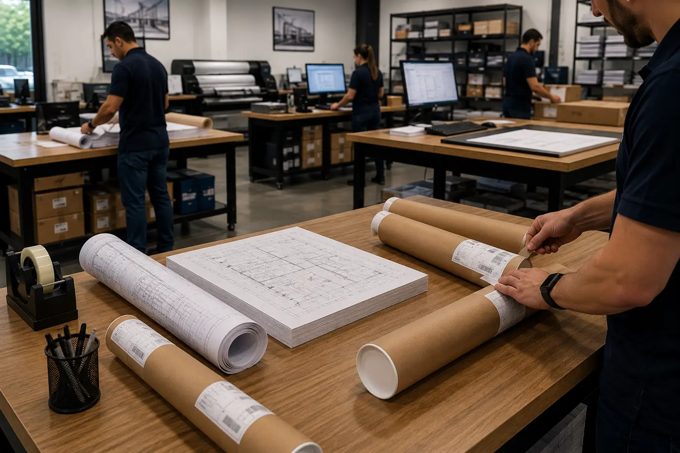 Rolled construction plans packaged in secure blueprint shipping tubes for delivery
