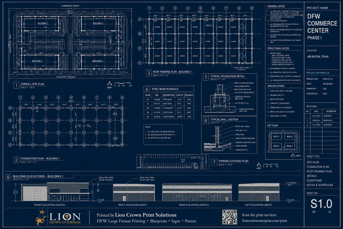 Commercial construction blueprint for DFW Commerce Center printed by Lion Crown Print