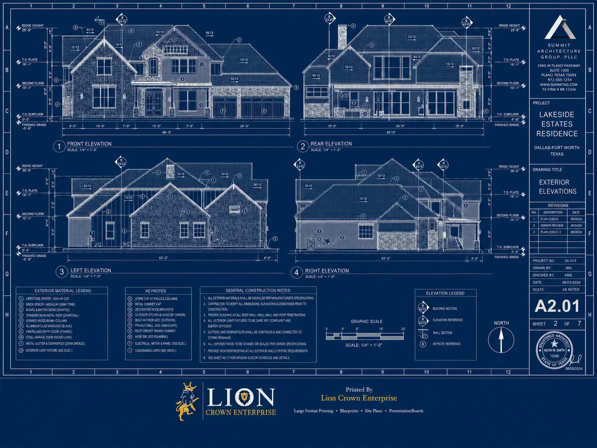Professional exterior elevation blueprint for a DFW residential construction project