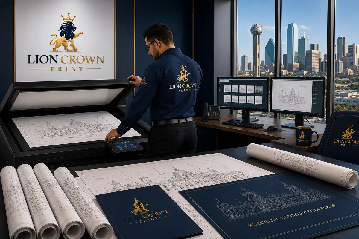 Large-format blueprint scanning and document digitization at Lion Crown Print in Dallas