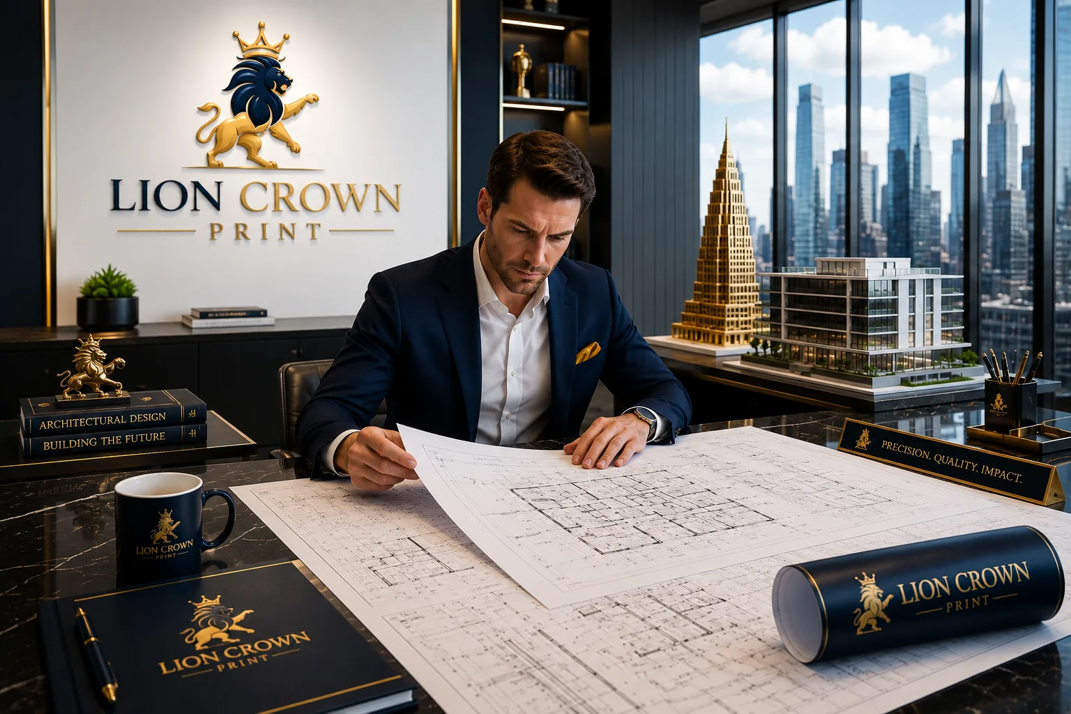 Professional architect reviewing freshly printed architectural blueprints in a luxury office with Lion Crown Print branding, showcasing premium blueprint printing services for architects and construction professionals