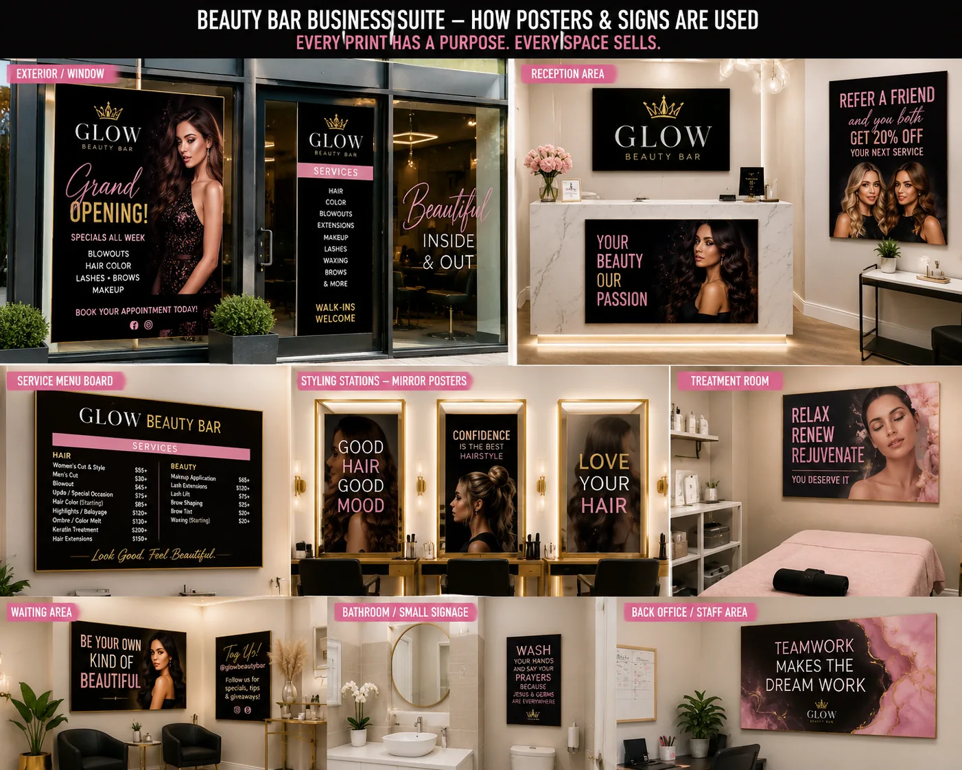 Beauty salon window signage, reception graphics, service menu boards, styling-station posters, and interior signs