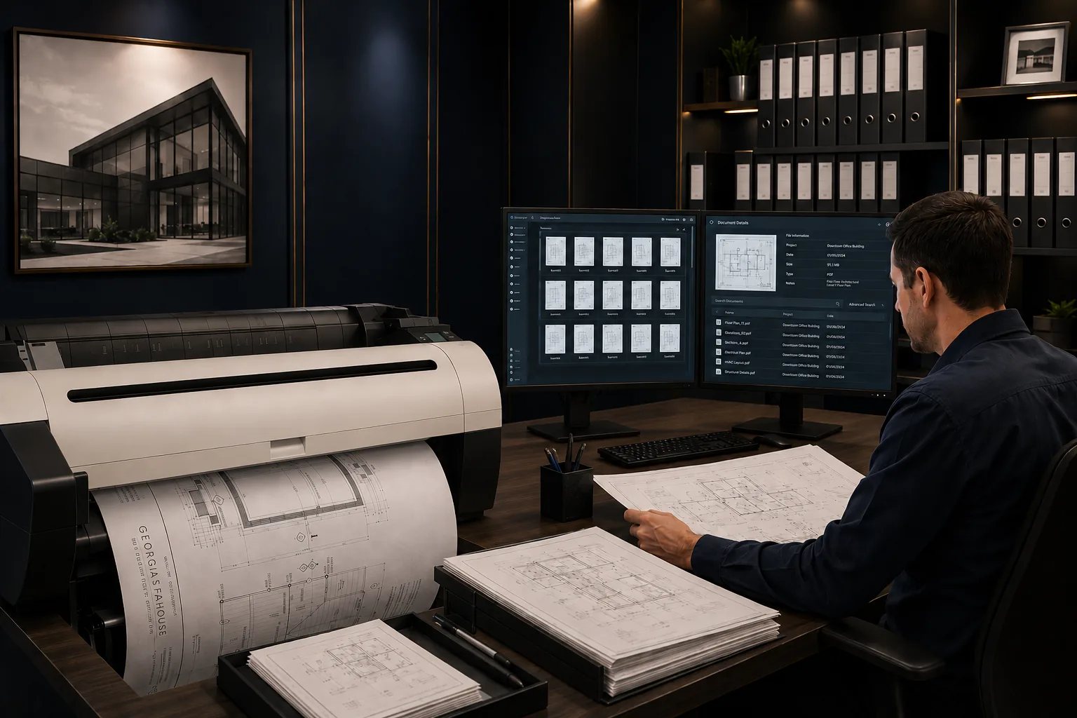 Professional blueprint scanning and digital archiving workstation with a large-format printer, dual monitors displaying searchable construction plan archives, and an employee managing digital architectural documents