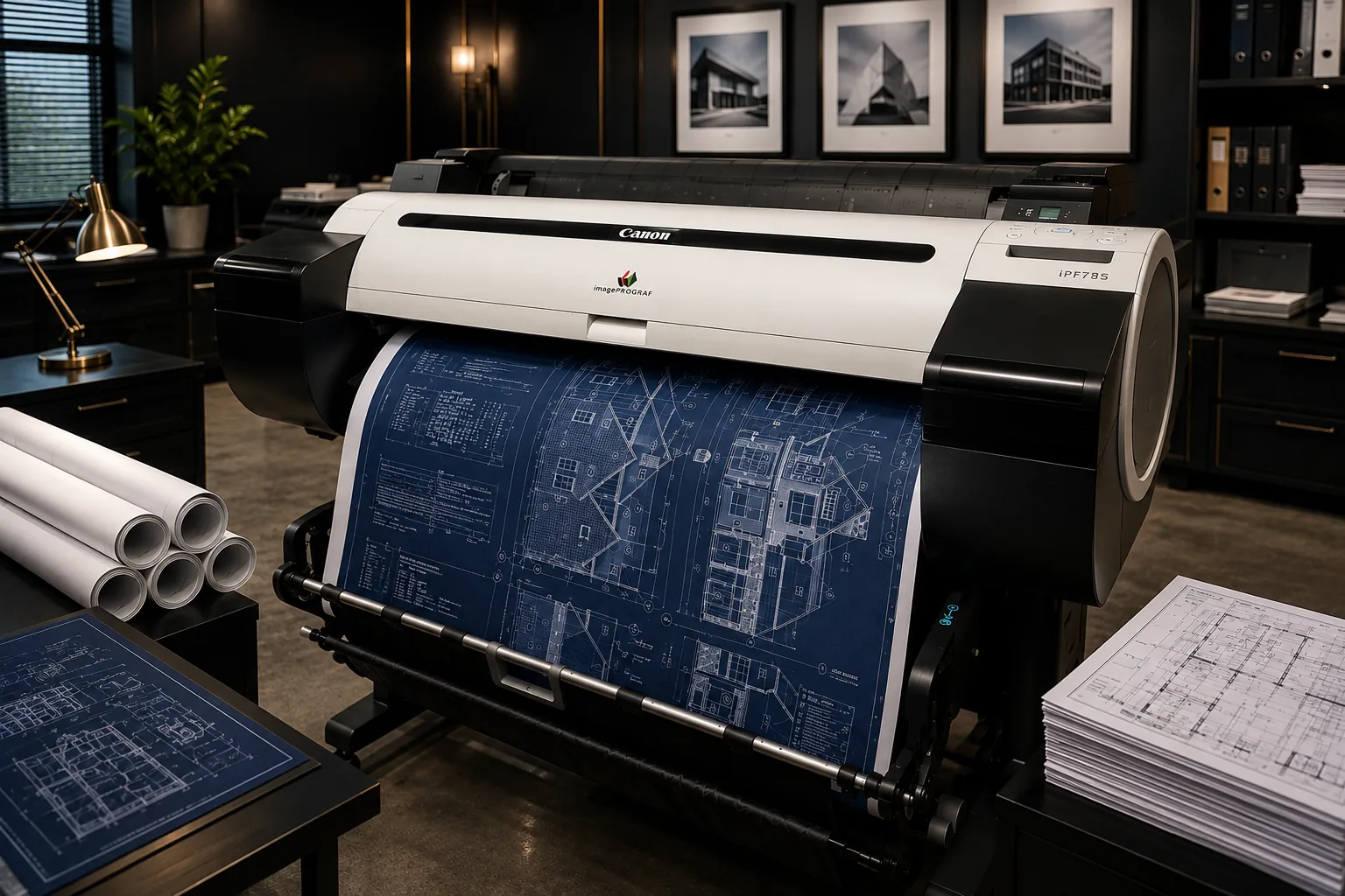 Canon imagePROGRAF iPF785 large-format printer producing high-quality architectural blueprints in a professional commercial printing facility