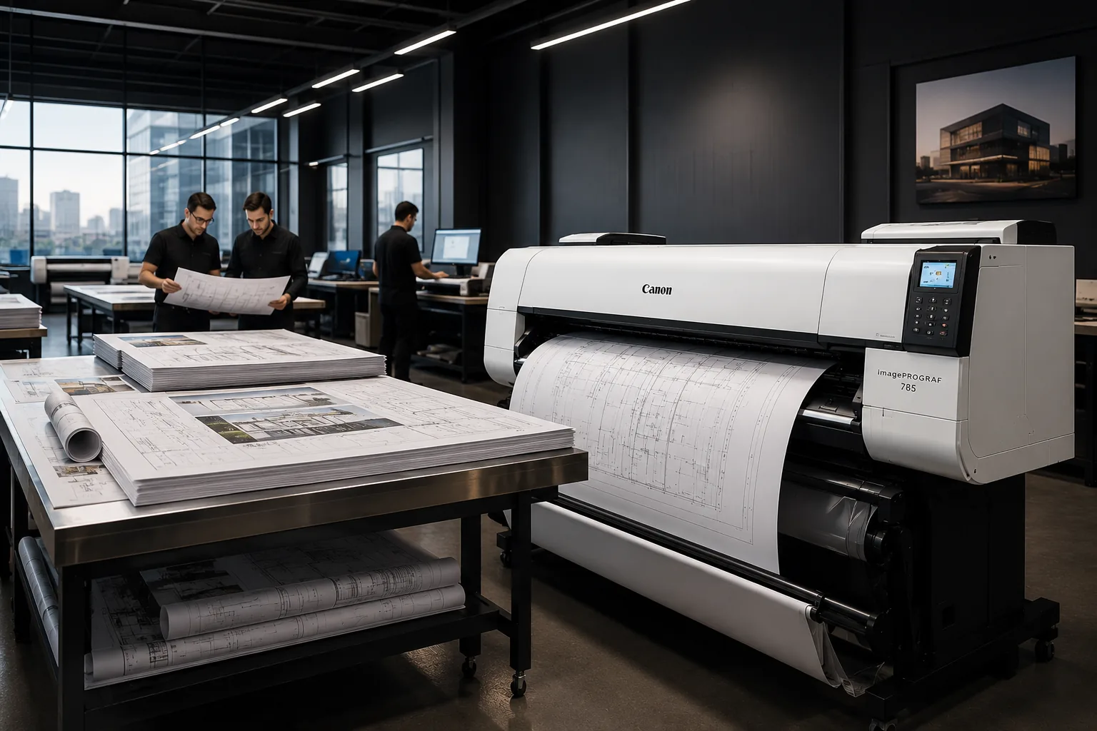 Canon imagePROGRAF PRO-785 large format printer producing architectural blueprints in a professional commercial print production facility with oversized construction plans