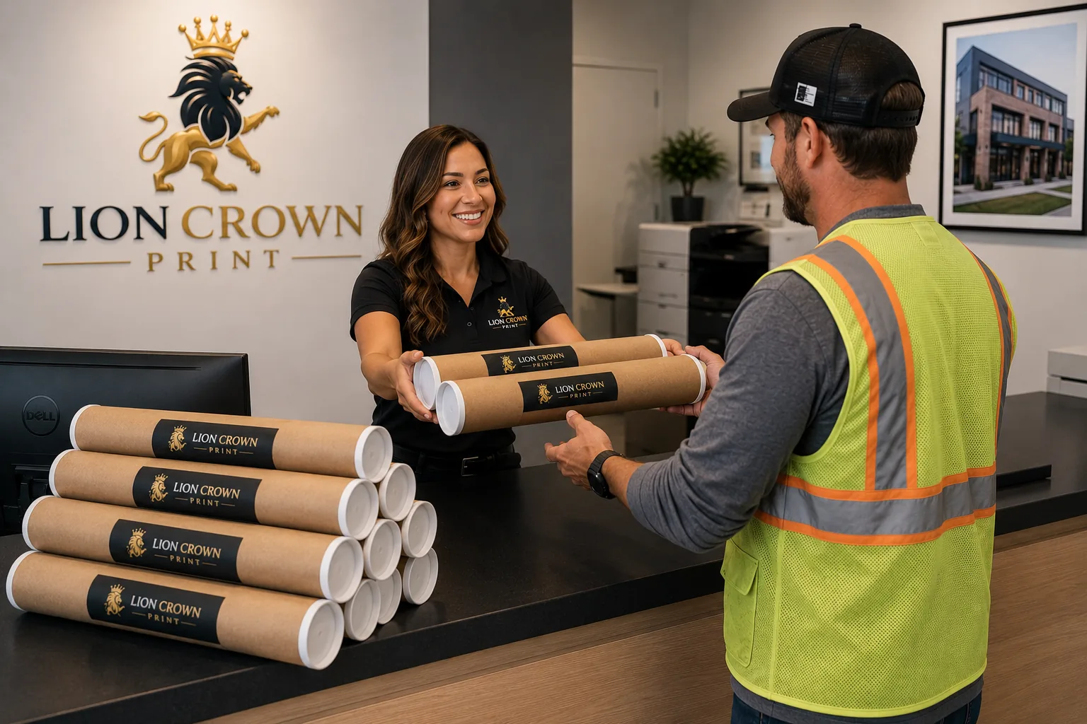 Construction contractor picking up branded blueprint tubes from the Lion Crown Print reception counter, showcasing premium construction document printing and professional customer service