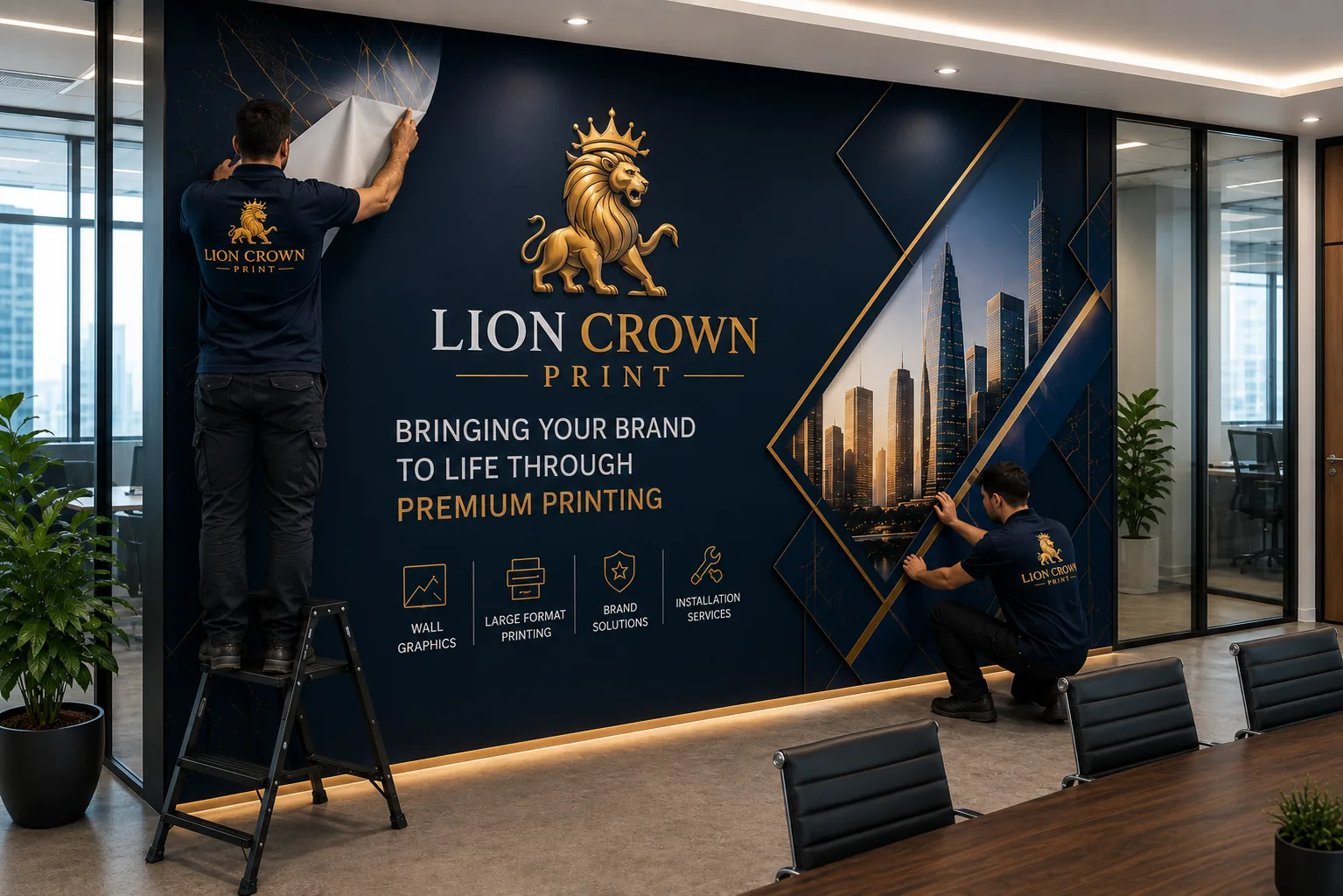 Professional installers applying custom corporate wall graphics in a modern office using premium large-format printed vinyl with luxury navy and gold branding by Lion Crown Print