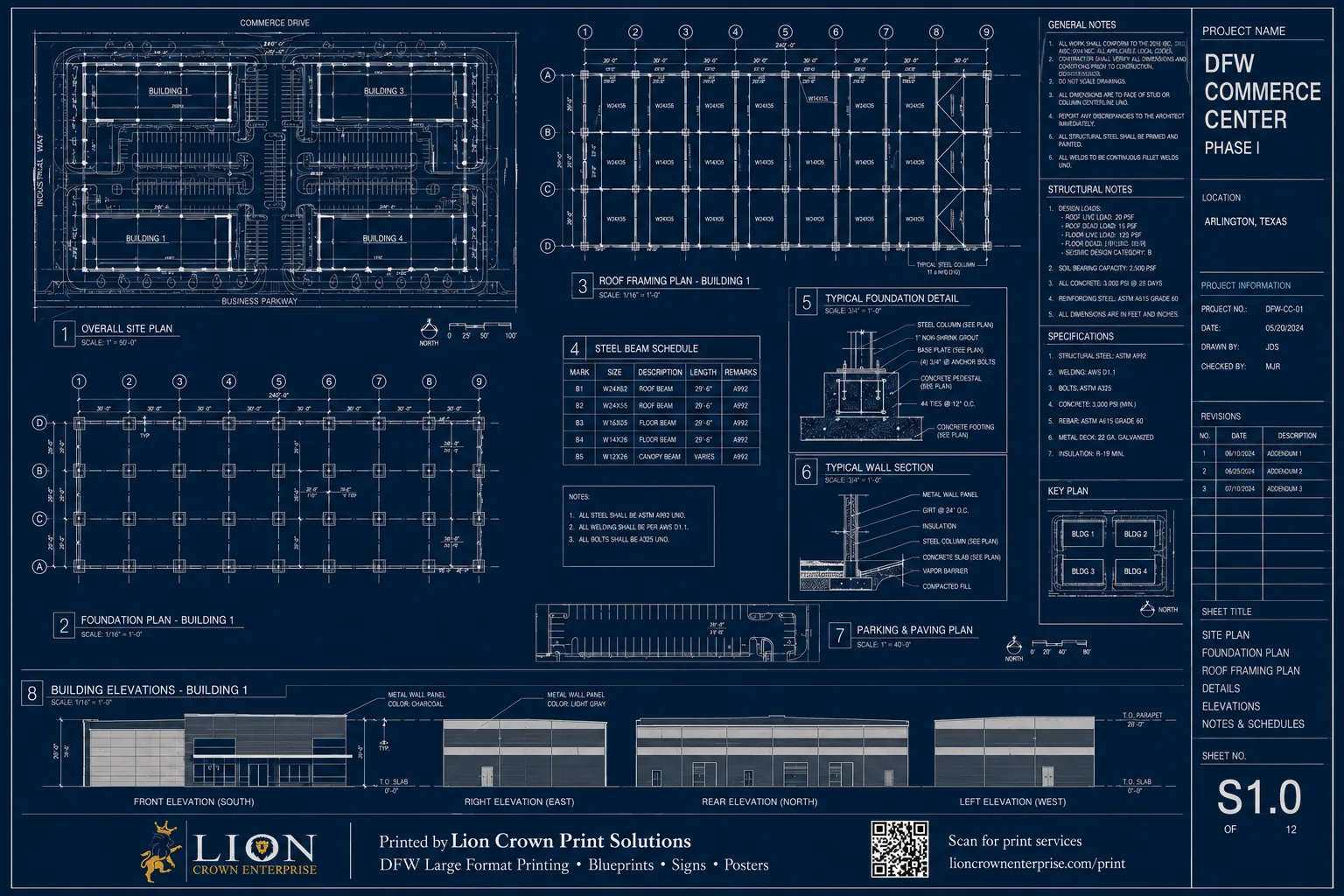 Commercial construction blueprint for DFW Commerce Center Phase I with Lion Crown Print Solutions branding and QR code for DFW large format printing services. Image title: DFW Commerce Center Blueprint Printing by Lion Crown Print Solutions