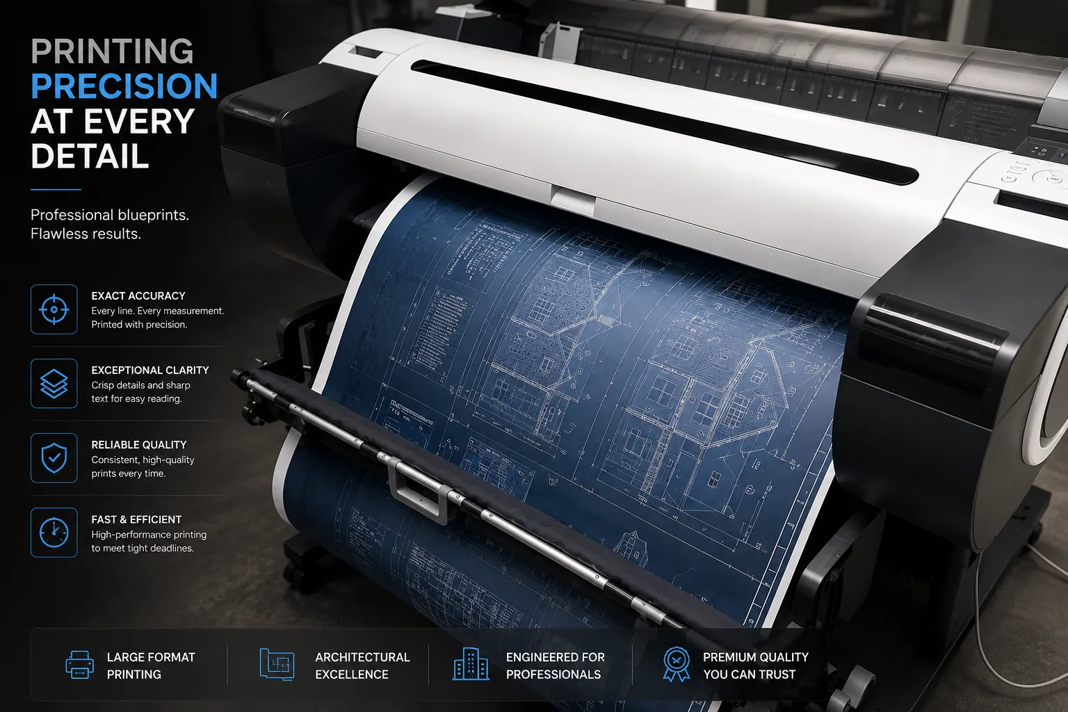 Large-format printer producing high-precision architectural blueprints with crisp linework and professional engineering print quality