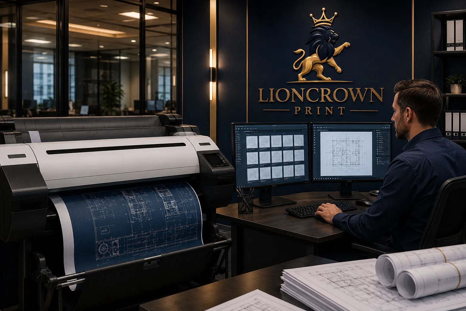 Professional blueprint scanning and digital archiving workstation at Lion Crown Print featuring a large-format Canon imagePROGRAF printer, dual monitors displaying searchable construction plan archives, and secure document management for architectural drawings