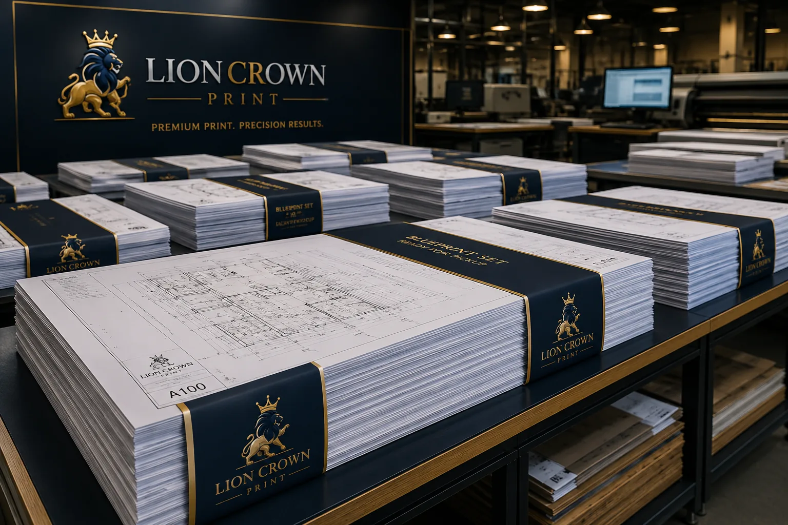 Multiple professionally printed architectural blueprint sets neatly stacked and ready for pickup at Lion Crown Print, showcasing premium large-format construction document printing services