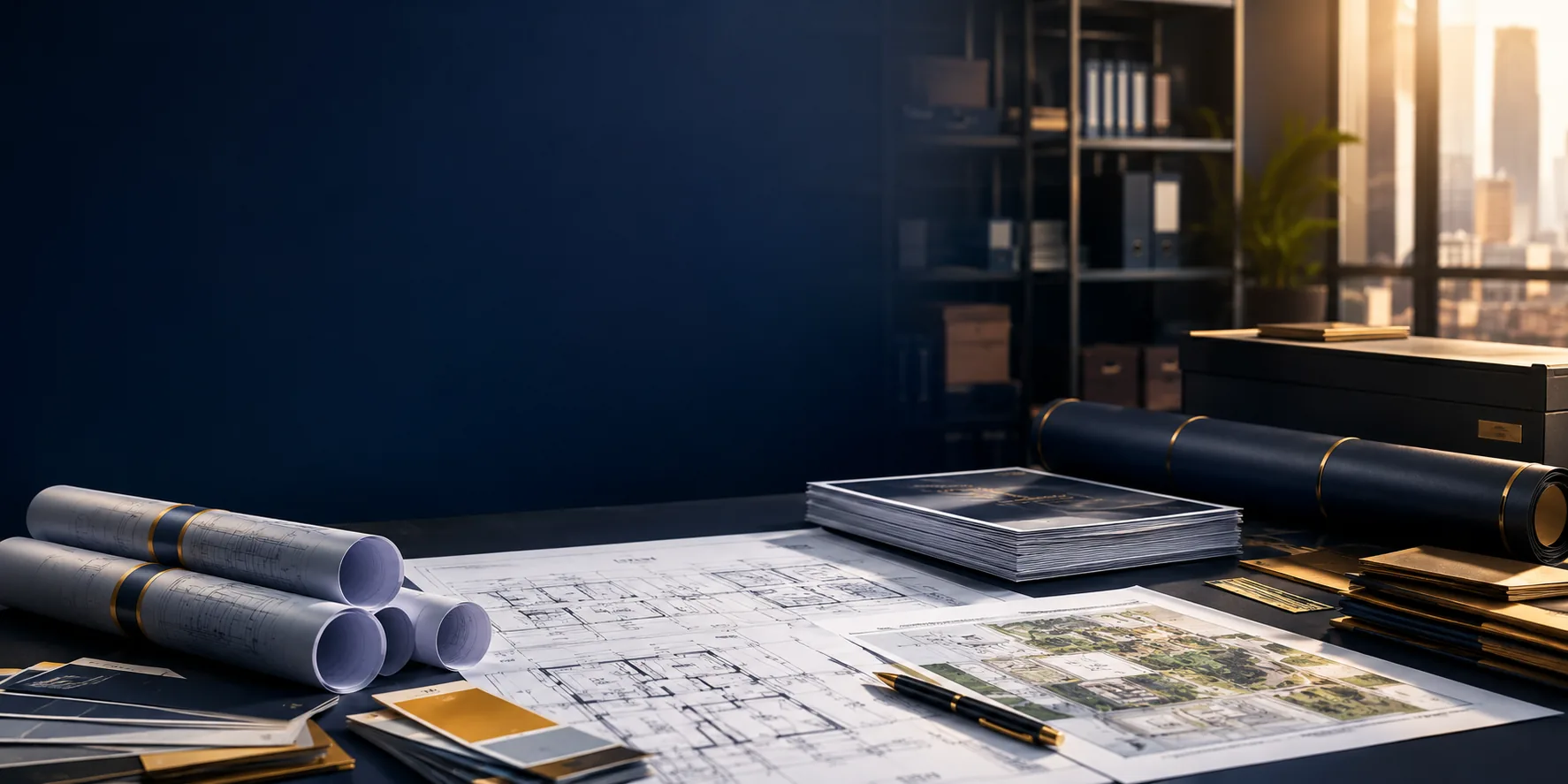 Executive workspace with rolled blueprint tubes, construction plans, engineering drawings, site plans, and organized commercial print materials, representing Lion Crown Print Solutions' file upload and fast quote request service