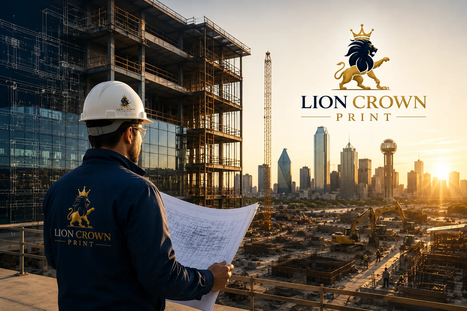 Professional engineer reviewing construction blueprints at a commercial building site in Dallas with the Lion Crown Print brand logo and skyline at sunrise