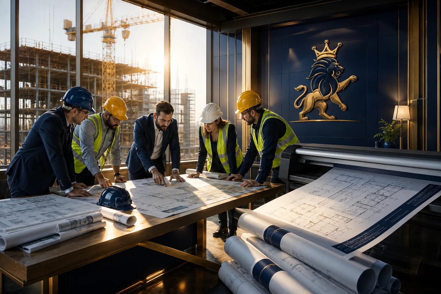 Construction professionals reviewing freshly printed architectural blueprints beside a large format printer in a premium office, with a construction site visible through the windows, representing Lion Crown Print's large format blueprint printing services