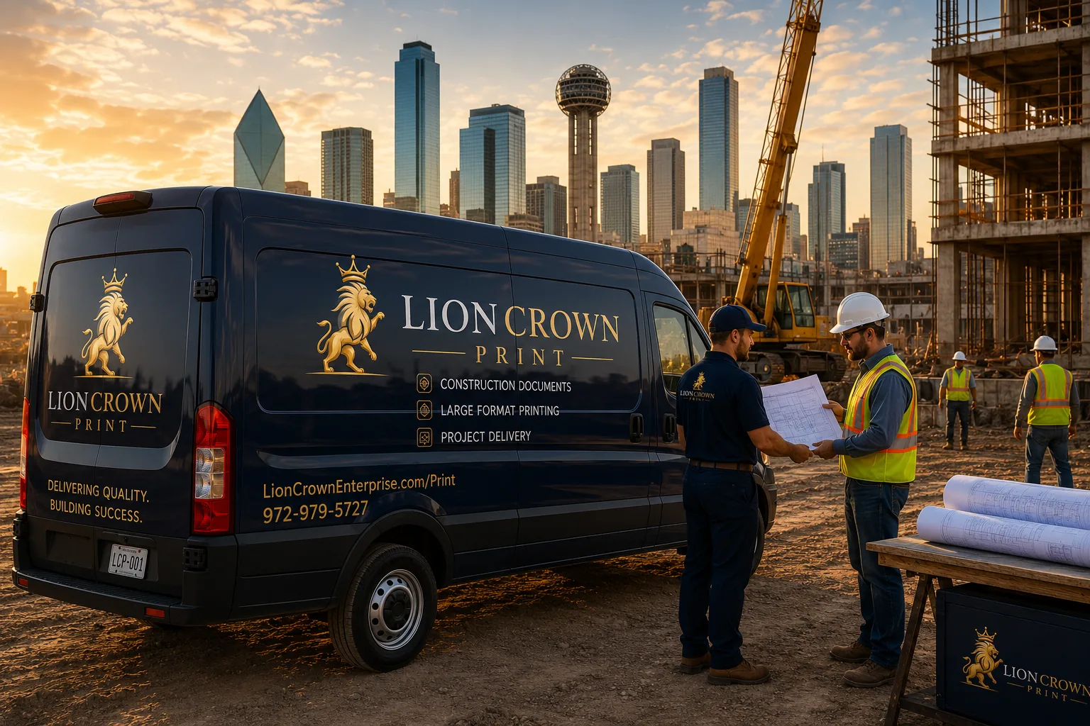 Lion Crown Print branded delivery van delivering large-format construction plans and blueprints to a commercial job site in Dallas, Texas