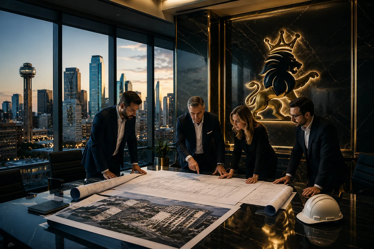 Architects and commercial developers reviewing large format printed construction blueprints in a luxury Dallas boardroom with modern skyscrapers and Reunion Tower in the background