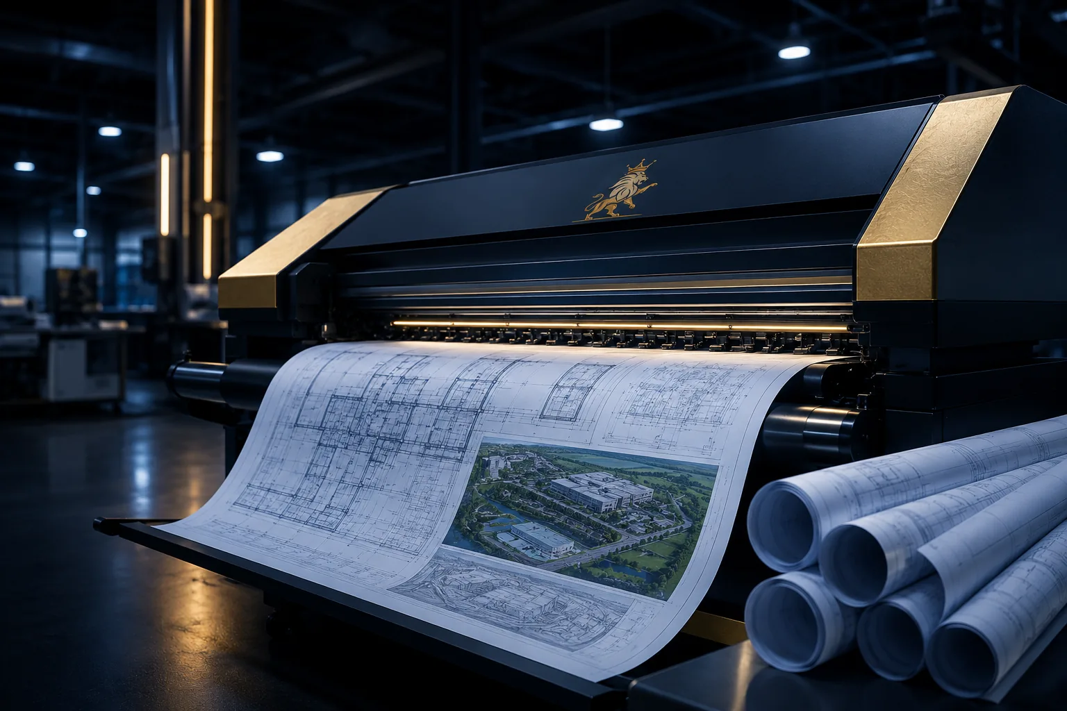 Ultra realistic large format industrial printer producing oversized architectural blueprints inside a premium commercial printing facility with engineering plans, construction documents and rolled site maps