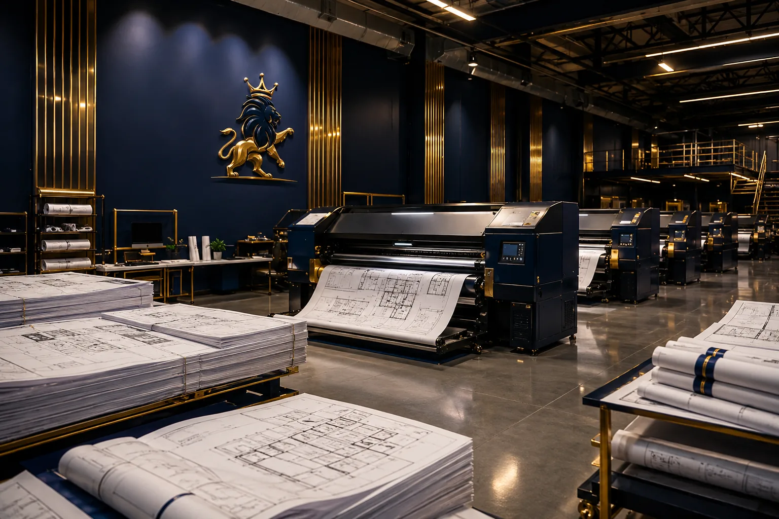 Large format printers producing architectural blueprints in a professional commercial print facility with organized plan sets, luxury navy and gold branding, and a clean production workflow