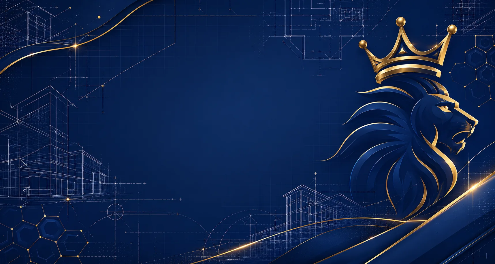 Luxury navy and gold architectural blueprint background featuring subtle engineering grids, technical drafting lines, construction measurements, and geometric precision, designed for Lion Crown Print Solutions website sections