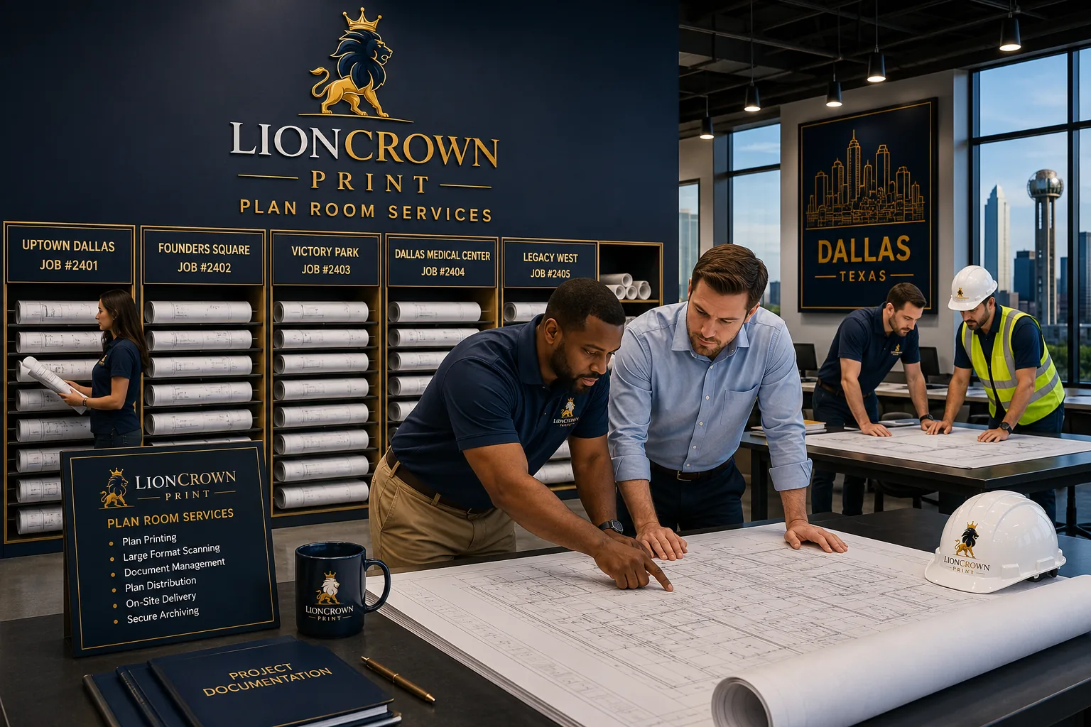 Contractors and project managers reviewing large-format construction blueprints inside the Lion Crown Print plan room in Dallas, Texas, featuring organized project racks and premium blueprint printing services