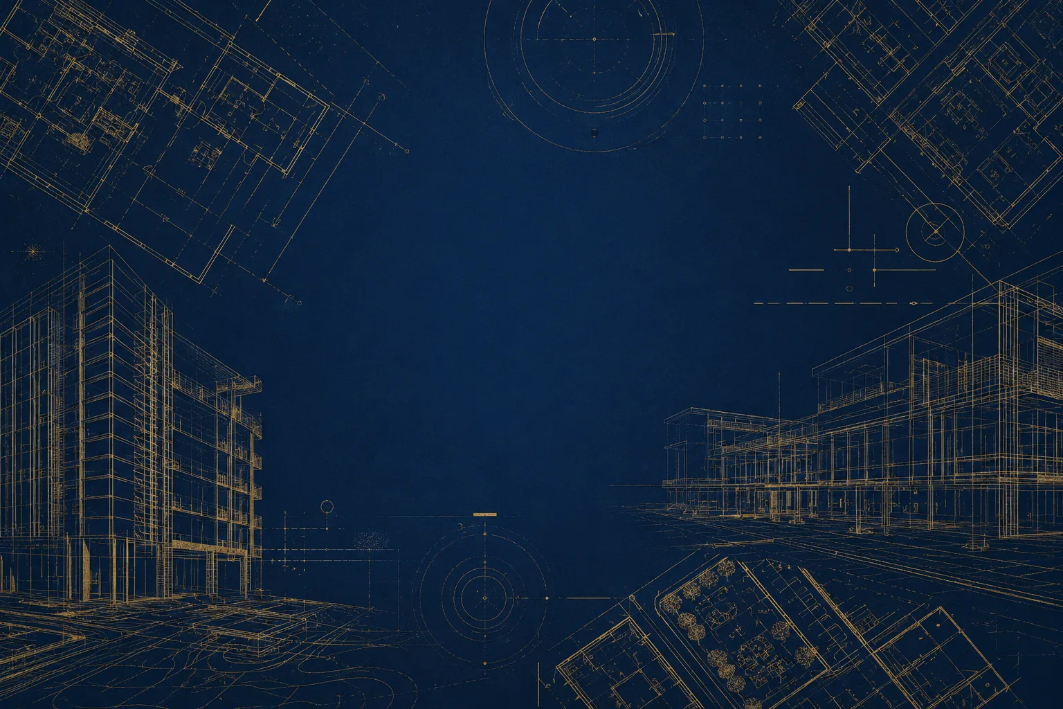 Deep navy architectural blueprint background featuring gold technical drafting lines, modern building wireframes, engineering schematics, and construction site plan overlays with elegant central negative space