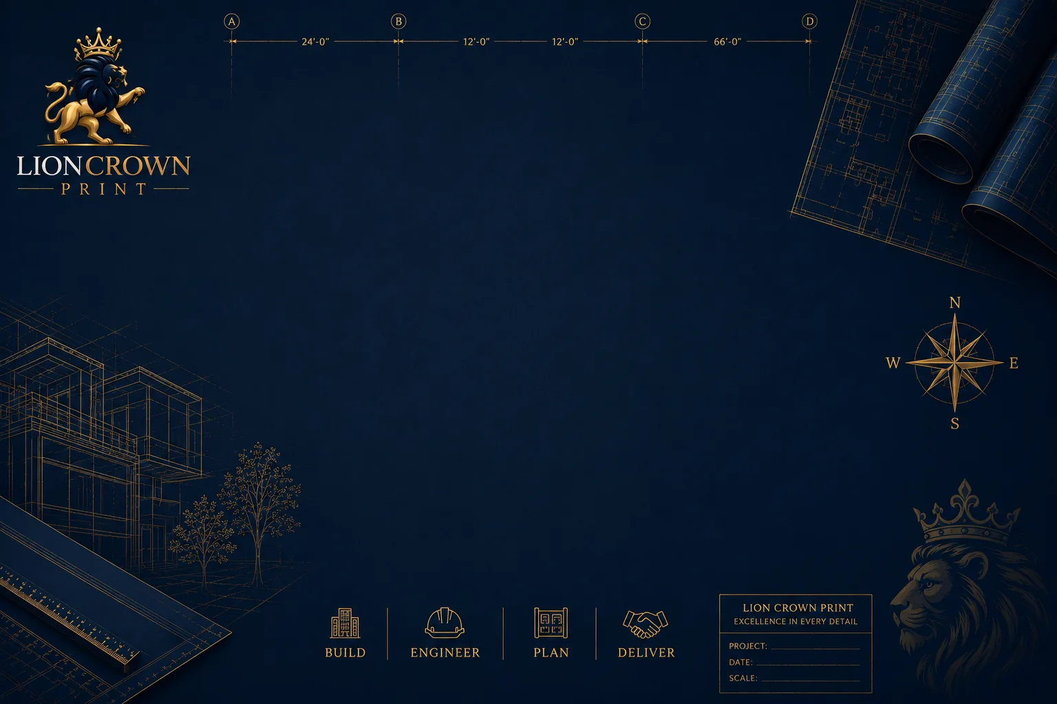 Premium navy blue architectural blueprint background with elegant gold technical drawing lines, engineering plans, measurement markings, and Lion Crown Print branding, designed for luxury website banners and print industry sections