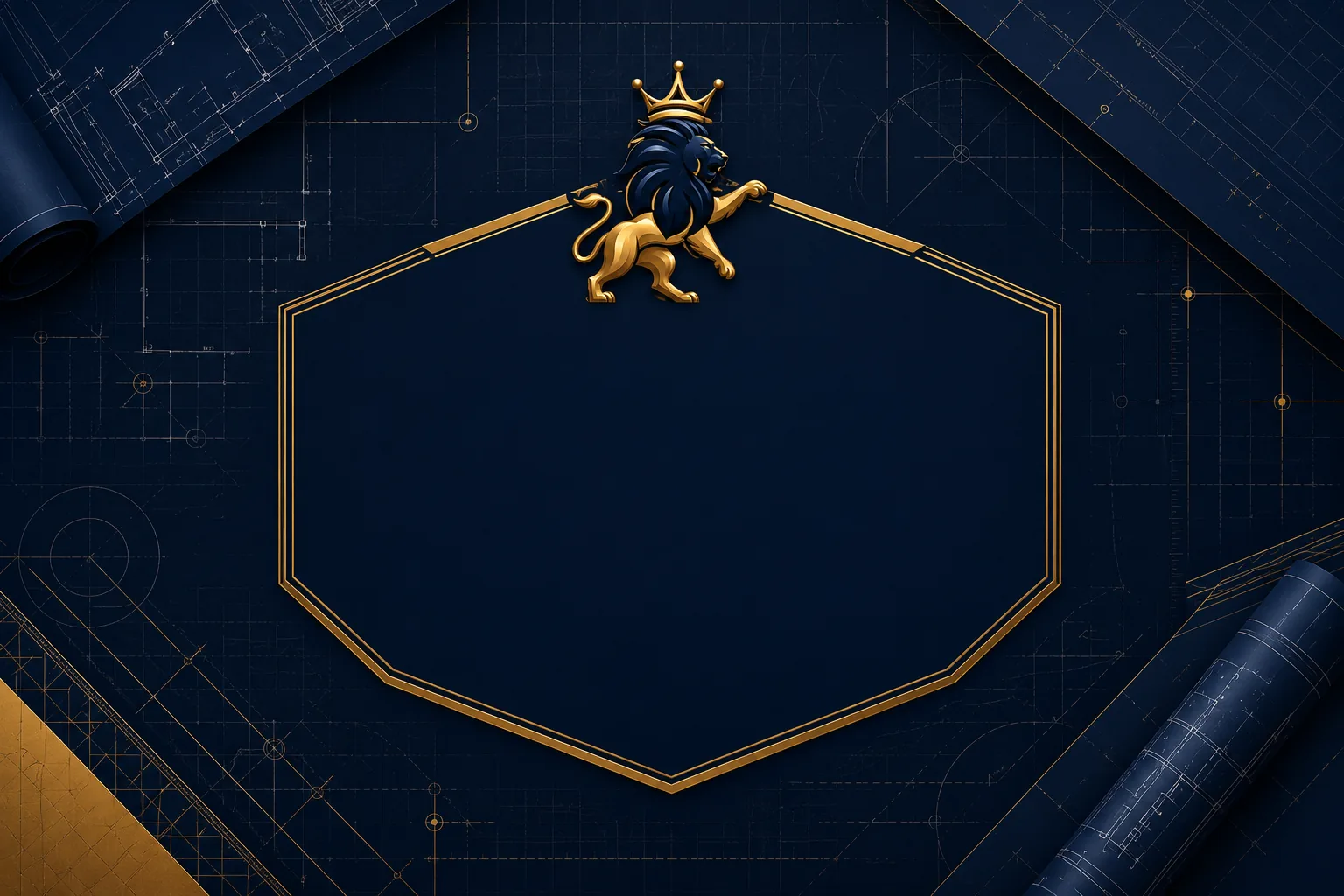 Luxury navy and gold blueprint-inspired background featuring subtle engineering grids, architectural drafting lines, and geometric construction patterns with a clean central space for the Lion Crown Print logo