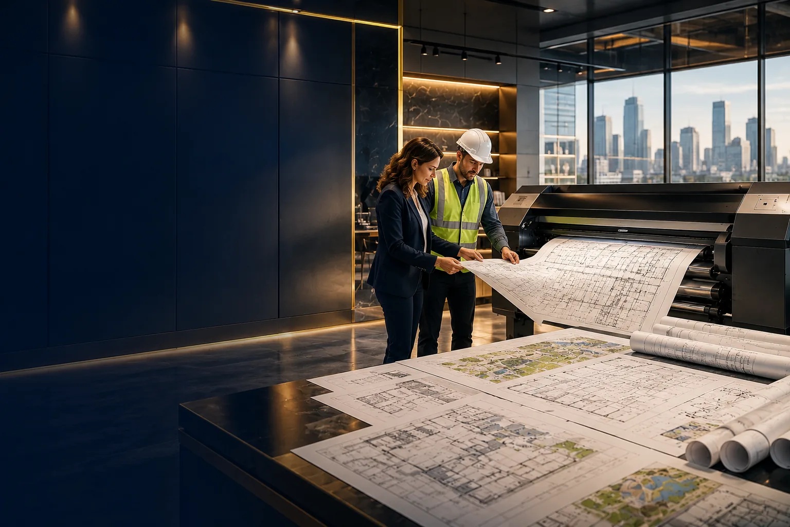 Professional architects reviewing oversized architectural blueprints beside a large-format printer at Lion Crown Print Solutions in Dallas-Fort Worth, specializing in blueprint printing, engineering drawings, construction documents, site plans, posters, and commercial graphics