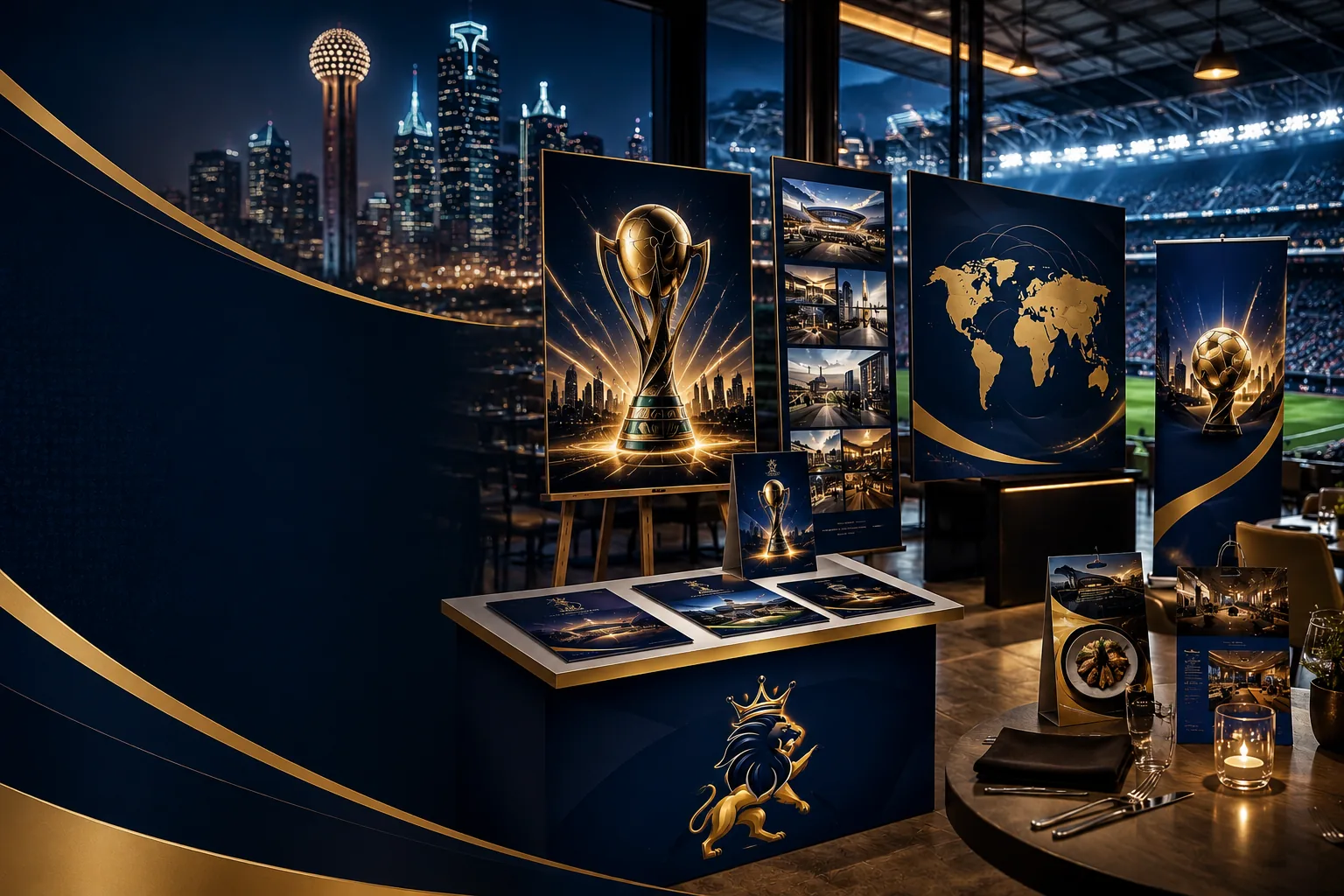Premium sports event marketing display featuring large-format posters, sponsor graphics, presentation boards, hospitality signage, restaurant promotions, and Dallas skyline views by Lion Crown Print