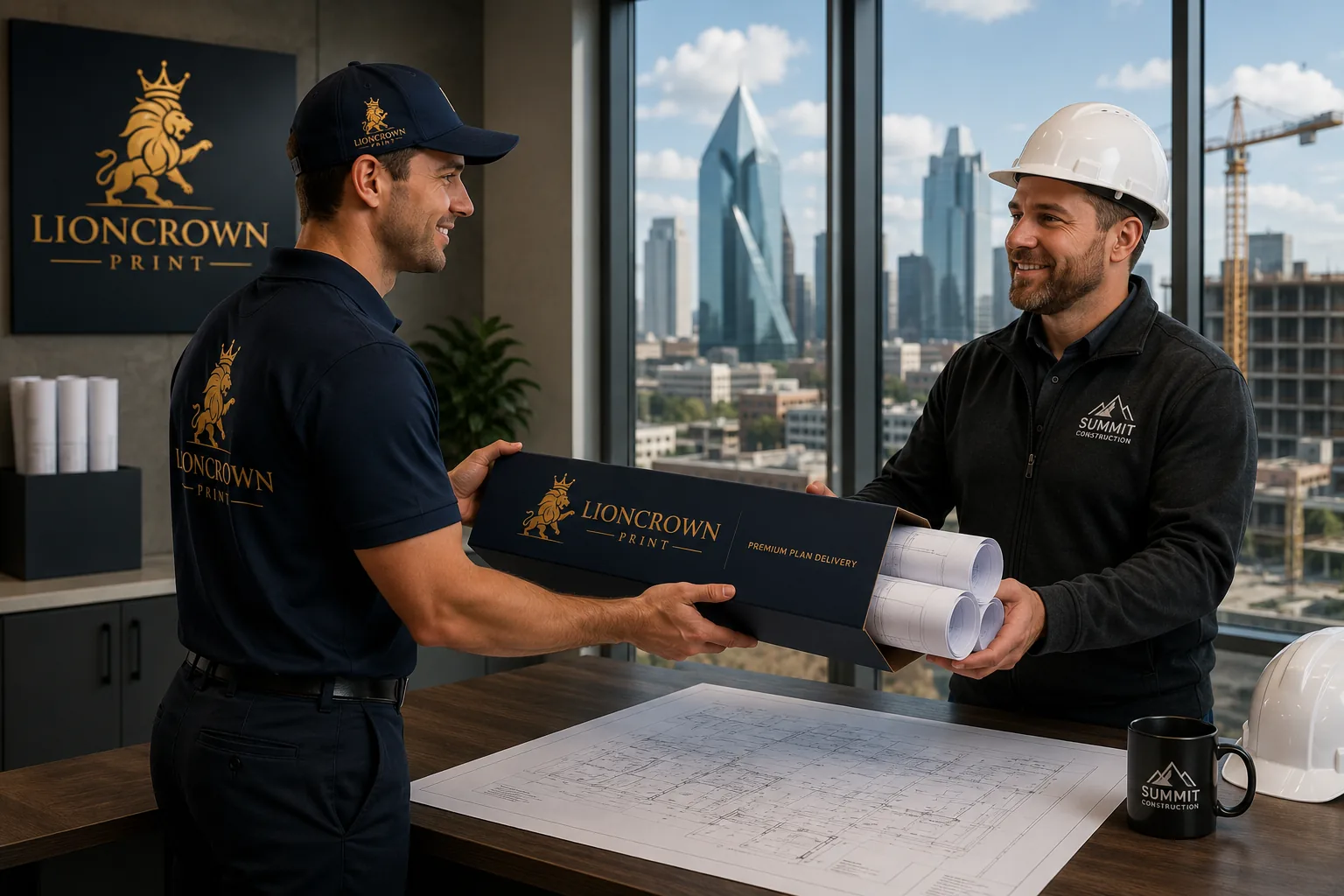 LionCrown Print employee delivering professionally packaged architectural blueprints to a commercial construction contractor in a modern Dallas office
