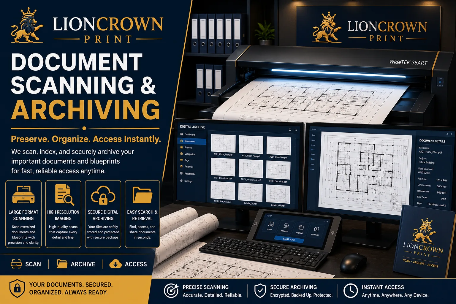 Professional large-format blueprint scanning workstation by LionCrown Print, featuring high-resolution document digitization, secure digital archiving, and engineering plan management