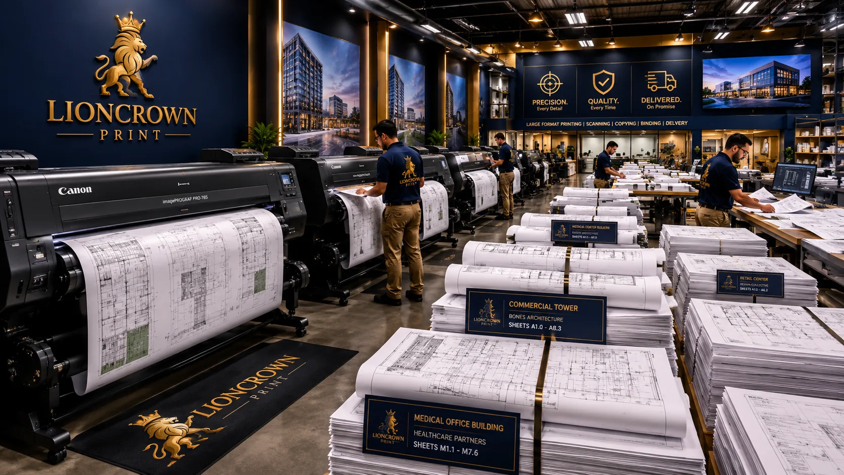 LionCrown Print production floor featuring large-format blueprint printers producing architectural plans for construction contractors in a modern commercial printing facility