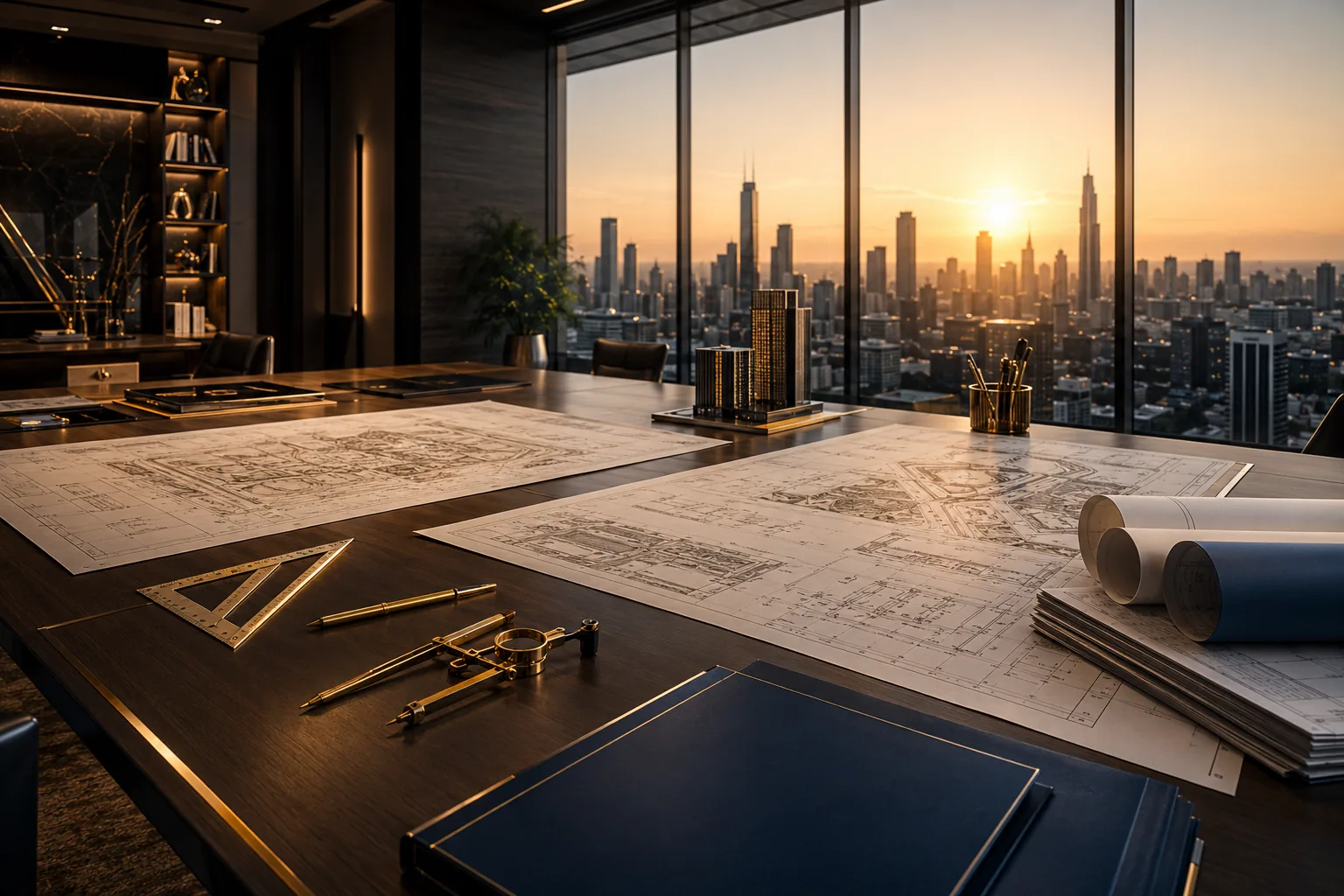 Luxury architectural and engineering workspace featuring detailed construction blueprints, development maps, executive project documentation, brushed gold drafting tools, a dark wood conference table, and a modern glass office overlooking a city skyline