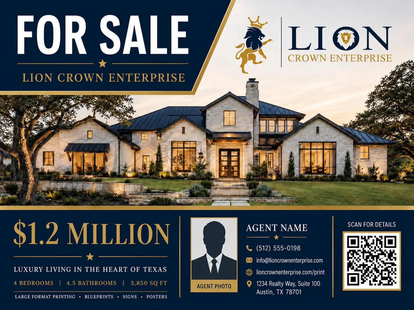 Luxury real estate for sale sign design by Lion Crown Enterprise featuring a Texas home, agent details, QR code, and large format printing services