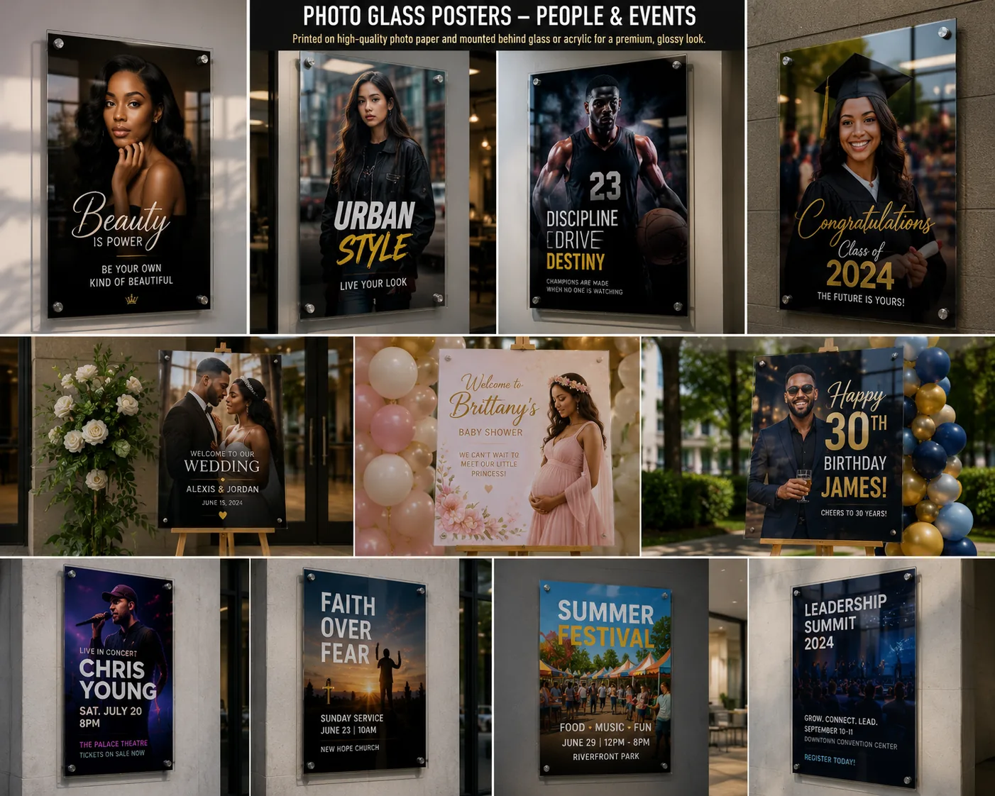 Premium glass and acrylic photo posters for portraits, weddings, graduations, birthdays, concerts, churches, festivals, and business events