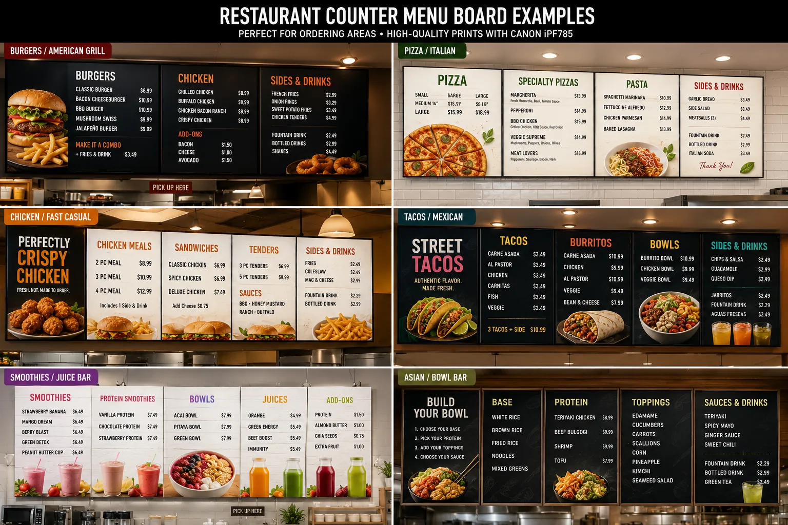 Large-format menu boards for burger, pizza, chicken, taco, smoothie, and bowl restaurant counters