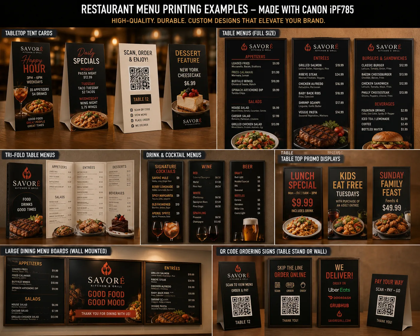 Restaurant tabletop menus, full-size menus, tri-folds, cocktail menus, wall menu boards, and QR ordering signs