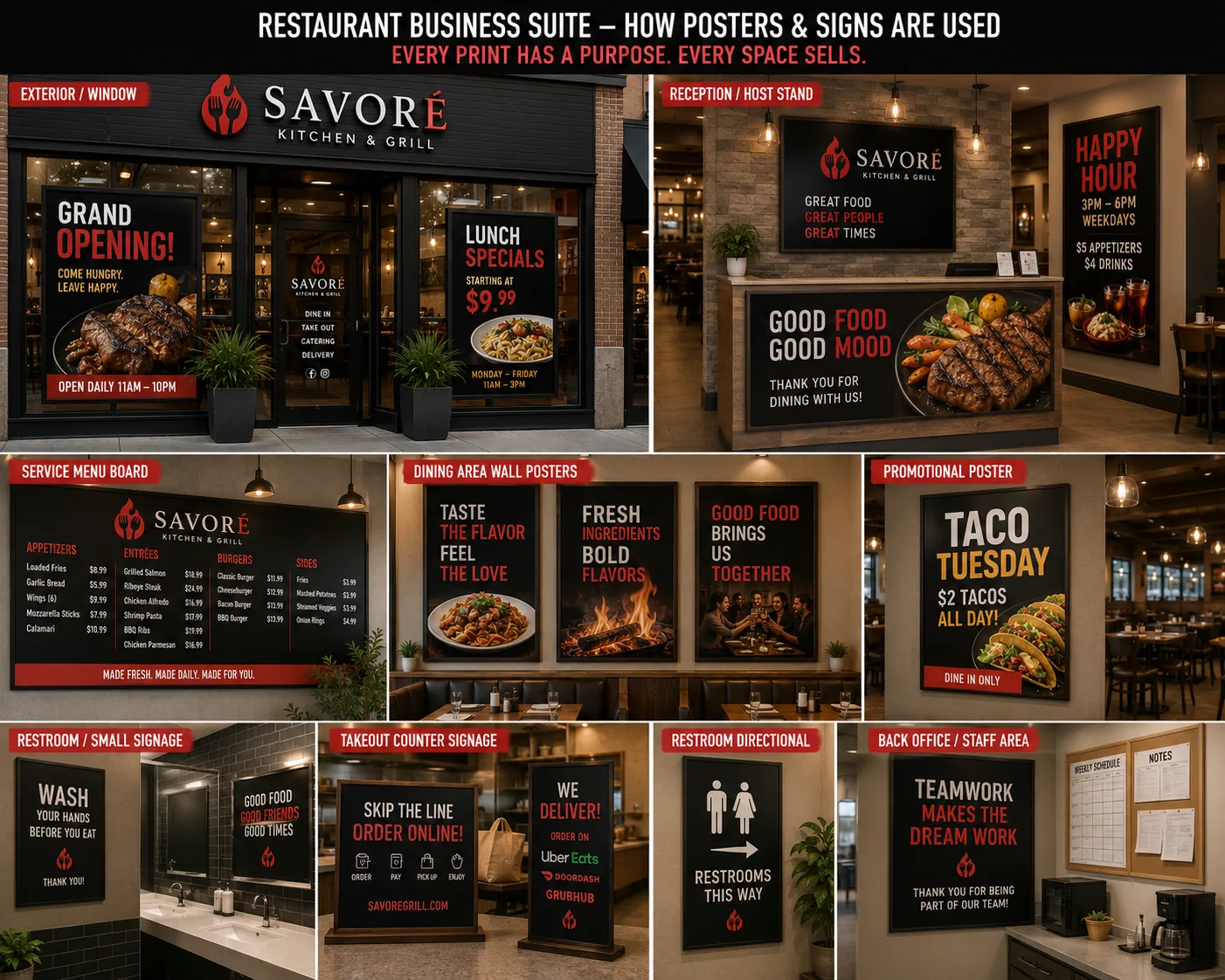 Restaurant exterior and window posters, reception signs, menu boards, wall posters, promotional, takeout, and restroom signage