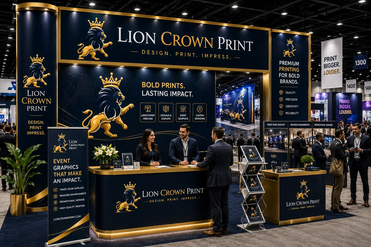 Luxury Lion Crown Print trade show booth with navy and gold large-format displays, custom banners, event signage, and promotional graphics