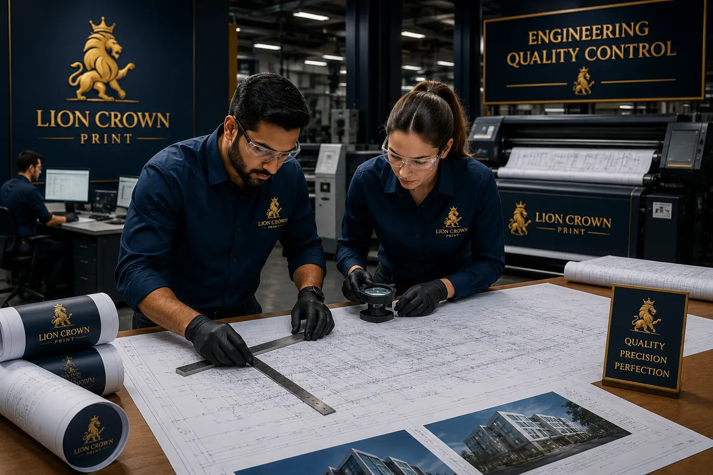 Engineering professionals inspecting large-format construction drawings for dimensional accuracy and print quality