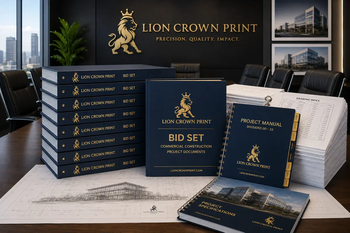Professional construction bid sets with architectural plans, specification books, and project binders