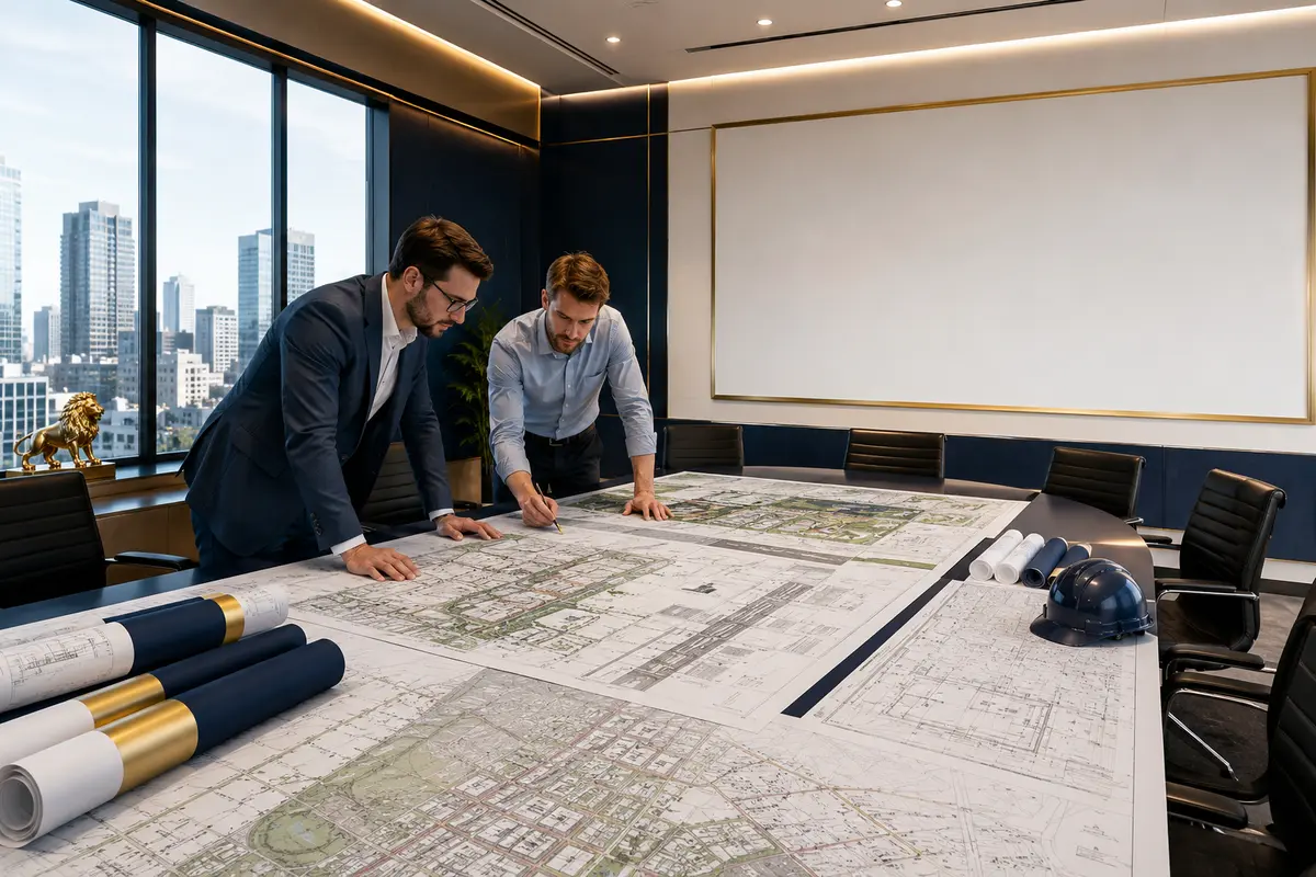 Construction professionals reviewing large-format site plans in a Lion Crown Print conference room