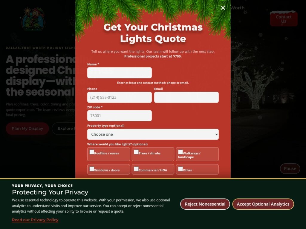 Website screenshot of Elf's Christmas Lights showing the public header and hero